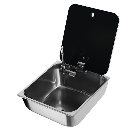 Lavabo quadrato in acciaio inox con coperchio in vetro 70508