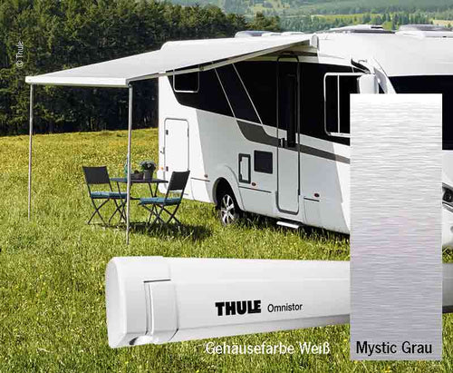 Tenda da sole a parete Thule Omnistor con motore, 4,5 m, involucro bianco, panno grigio mistico 42597