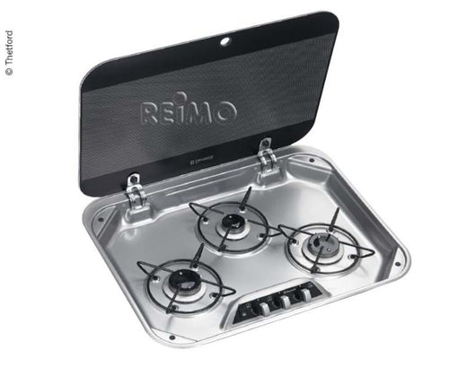 Stufa a 3 fiamme 560x90,5x440, copertura in acciaio inox e superficie in vetro 70104