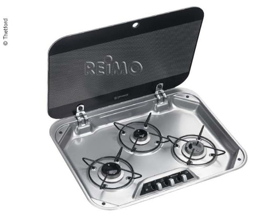 Stufa a 3 fiamme 560x90,5x440, copertura in acciaio inox e superficie in vetro 70104