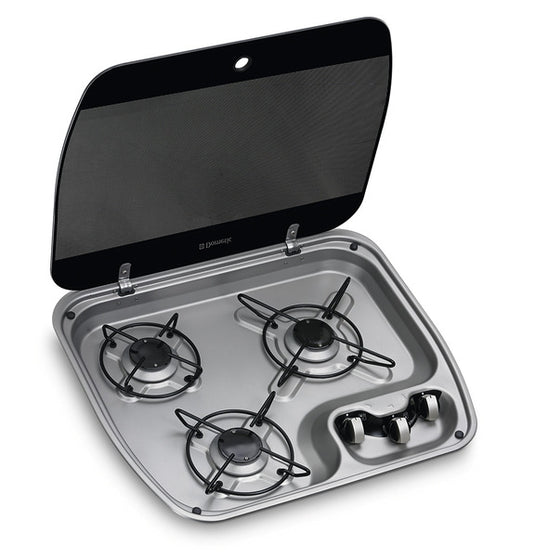 Fornello a gas in acciaio inox a 3 fiamme con coperchio in vetro 70466