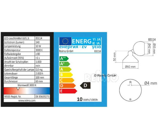 Faretto alogeno per montaggio a plafoniera Colore: plastica bianca da 10W, con interruttore 83114