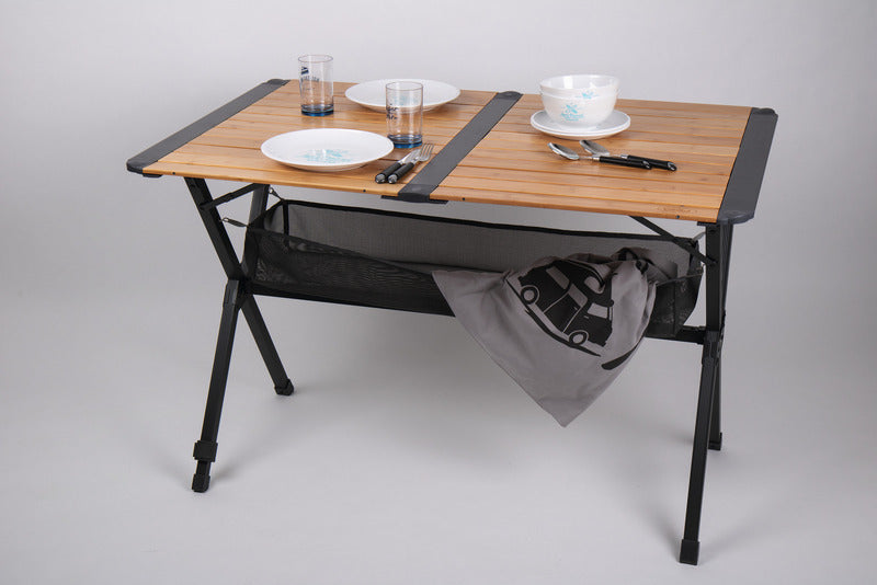 Load image into Gallery viewer, tavolo in bambù con rete, tavolo rotante, struttura in alluminio scuro 9105497
