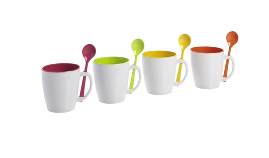 Set tazza in melamina con cucchiai, 4 pezzi, esterno bianco - interno colorato 91709