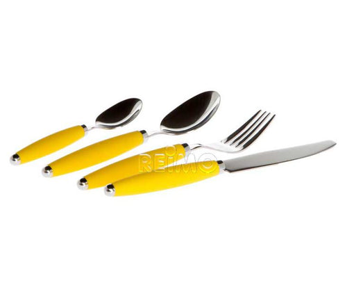 Posate da campeggio per 4 persone, acciaio inox 18/0, 16 pezzi, manici in plastica giallo 921674